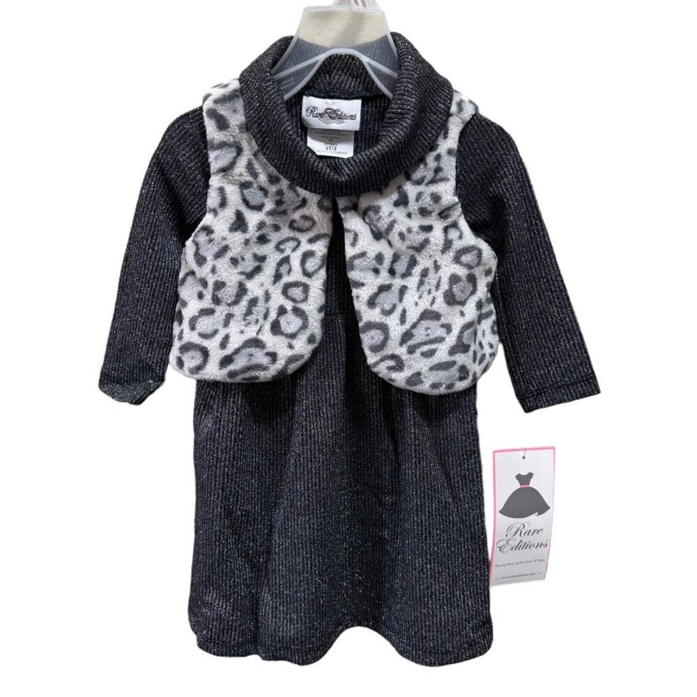 Rare Editions‎ Toddler Girls Size 3T Cowl Neck Dress Animal Print Fur Vest